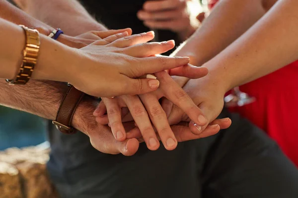 Making Pact Stay Friends Forever Group Unidentifiable Friends Putting Hands — Stock Photo, Image
