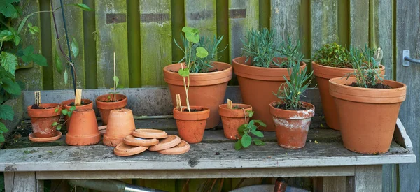 Gardeners corner. Stacks of flower pots in a gardeners corner