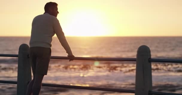 Depression Anxiety Sad Man Sea Ocean Beach Thinking Memory Sunset — Video