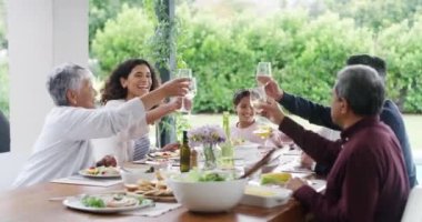 Food, celebration and happy family toasting, having lunch and fun on a patio at a birthday party. Multi generations bonding and laughing at a gathering, celebrating with a meal and cheers outdoors.