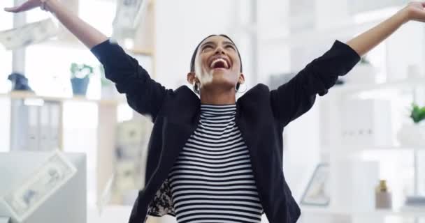 Lottery Rich Money Winner Business Woman Excited Cash Prize Modern — Vídeos de Stock