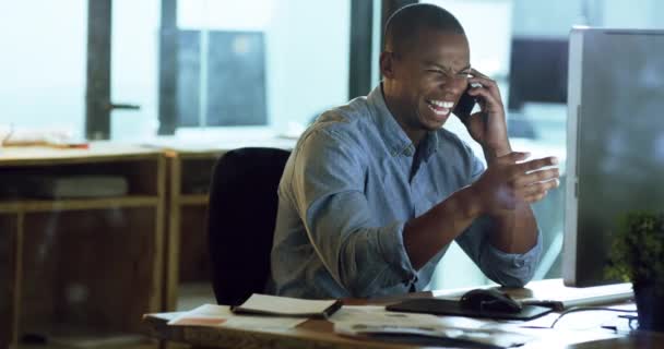 Laughing Chatting Phone Communication Businessman Talking While Working Computer Happy — Video Stock