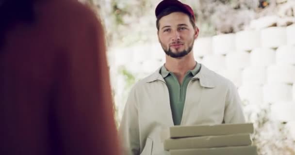 Pizza Delivery Fast Food Courier Guy Delivering Boxes Happy Customer — Video Stock