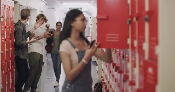 Bullying Depression Stress Sad High School Girl Locker Phone Children — Vídeo de stock