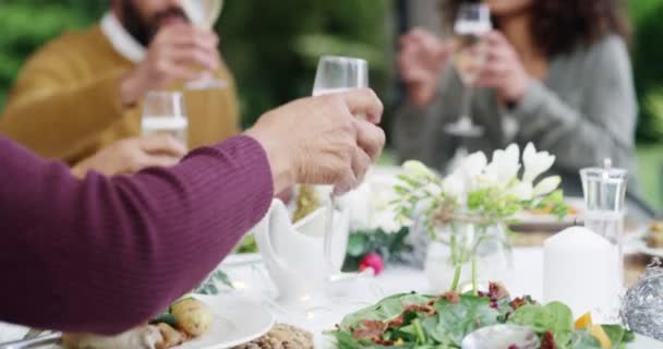 Family Eating Champagne Toast Christmas Party Lunch Home Diversity Men — Vídeo de stock