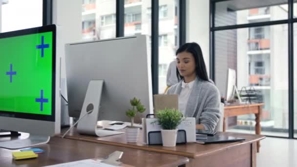 Business Female Typing Mockup Green Screen Computer Working Office Desk — Vídeos de Stock