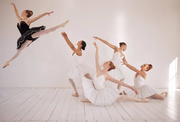 Ballet, jump and dance class studio for professional sports woman. Female performance art students in training for ballerina recital. Elegant, passionate and energetic dancer girl flying in the air