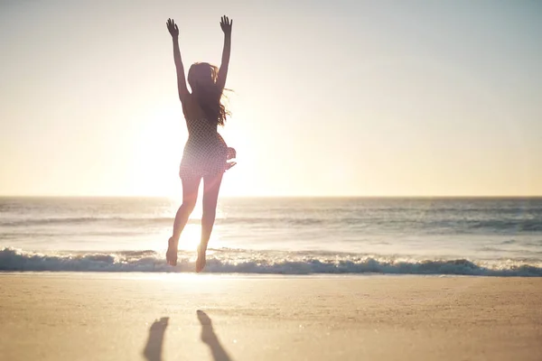 Jump Joy Young Woman Jumping Mid Air Beach — Fotografia de Stock