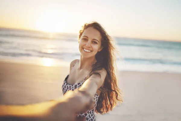 Lets Take Beach Young Woman Pulling Someones Hand Beach — 스톡 사진
