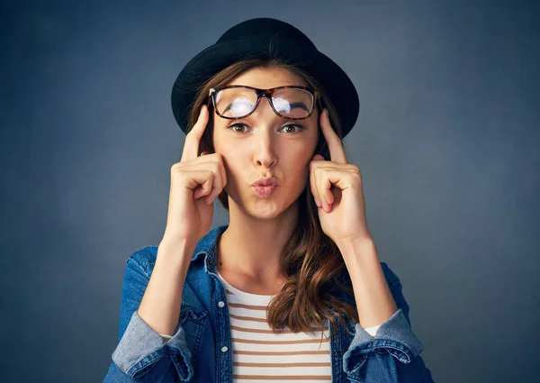 You Brave Enough Weird Portrait Quirky Young Woman Smiling Gray — Foto de Stock