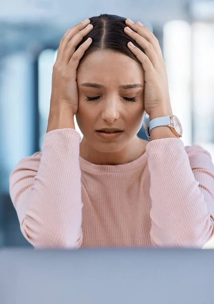 Stressed Tired Sick Young Woman Headache Feeling Sad Overworked Office — Stockfoto