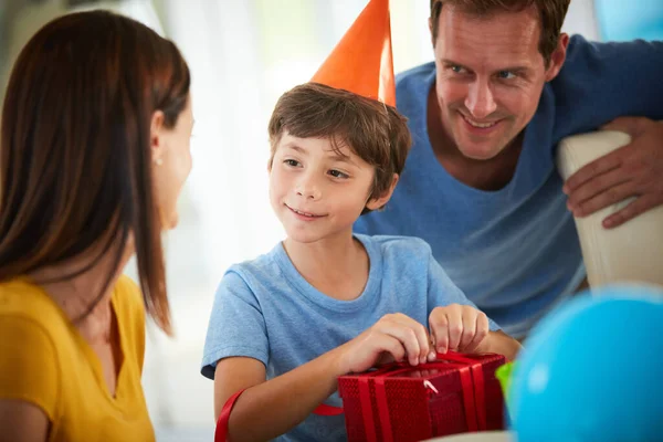 One You Mom Little Boy Opening His Birthday Presents Surrounded —  Fotos de Stock