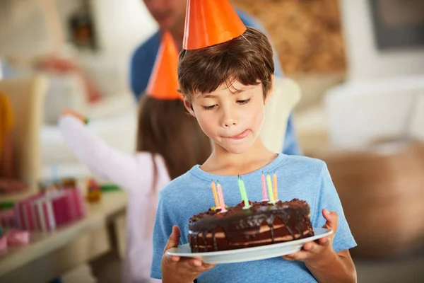 Can Cut Cake Now Little Boy Holding Birthday Cake Licking — Stok fotoğraf