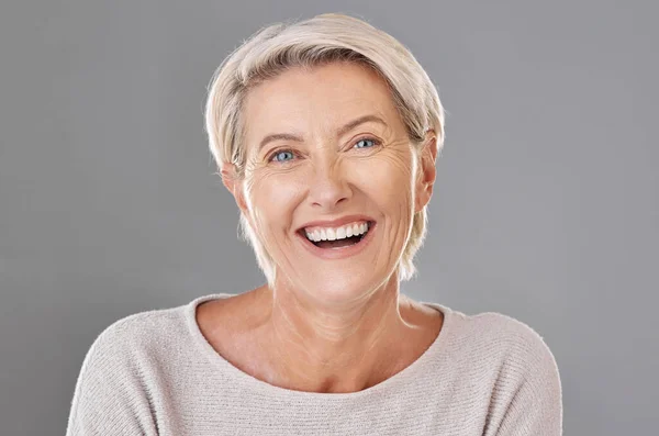Grooming Skincare Face Happy Mature Woman Laughing Studio Grey Background — Stok Foto