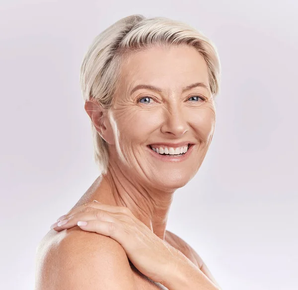 Mockup Beauty Skin Care Face Happy Mature Woman Smiling Enjoying — Photo