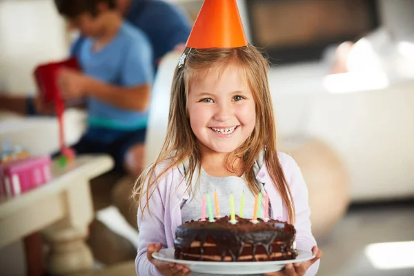 Birthday Cake Best Kind Cake Portrait Happy Little Girl Holding — Fotografia de Stock