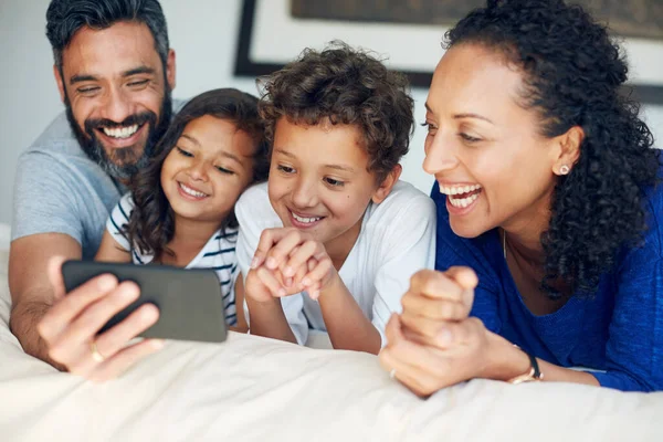 Lets See Those Big Smiles Happy Family Taking Selfie Together — Stock Photo, Image