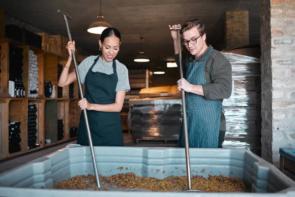 Production Manufacturing Worker Teamwork Wine Industry Labor Press Tool Fermentation — Photo