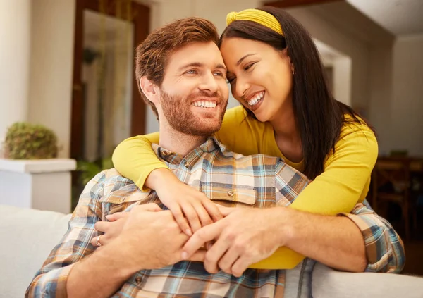 Diversity Love Happy Couple Living Room Sofa Together Sharing Intimate — Foto de Stock