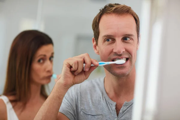Practising Good Hygiene Together Mature Couple Brushing Teeth Together Bathroom — Stockfoto