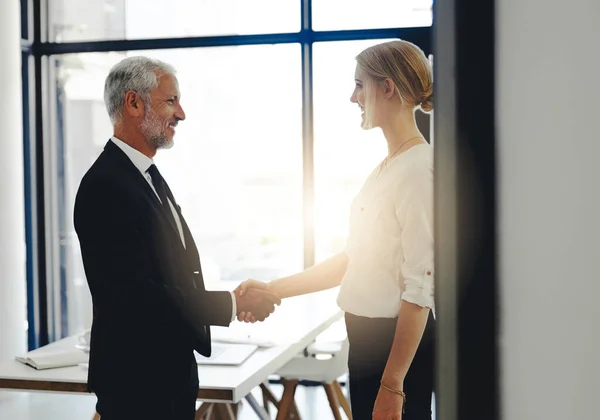 Welcoming Her Company Two Businesspeople Shaking Hands While Standing Office — Stockfoto