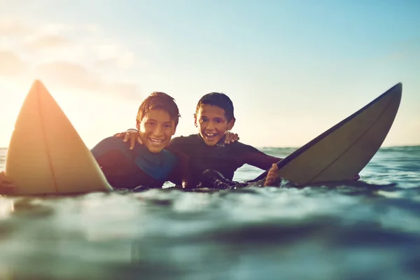 Surfs Your Life Too Two Young Boys Out Surfing — Fotografia de Stock