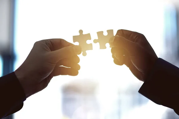 Trying Find Perfect Fit Two People Holding Puzzle Pieces Together — Foto Stock
