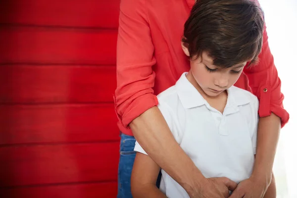 Mommys Got You Sad Little Boy Being Comforted His Mother — Photo