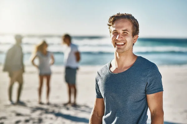 Beach Our Happy Place Portrait Happy Young Man Posing Beach — Stockfoto
