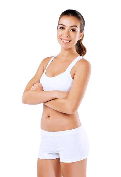 Put Your Fitness First Healthy Woman Posing White Background — Stockfoto