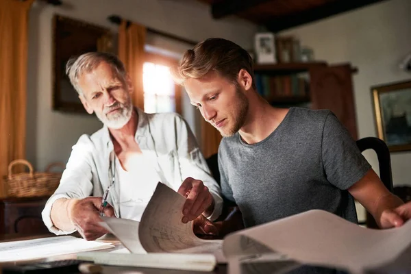 Dad Best Person Come Help Two Men Working Project Together — Zdjęcie stockowe