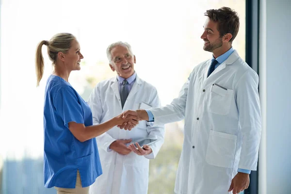 Working Together Lives Two Medical Practitioners Shaking Hands Hospital —  Fotos de Stock