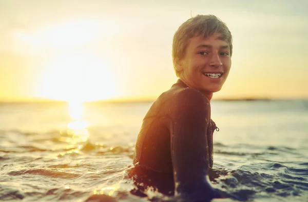 Surfers Smile Says Everything Portrait Young Boy Wetsuit Sitting His — Photo