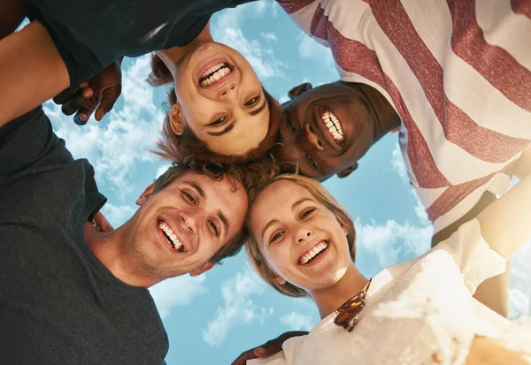 Its Happy Time Low Angle Shot Group Young Friends Huddled — Stock Photo, Image