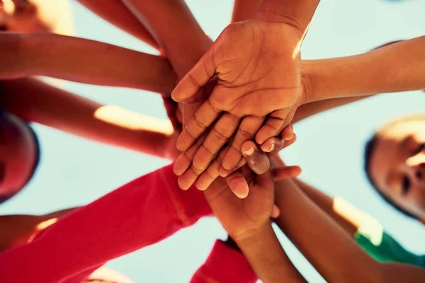 Lets Team Group Children Standing Hands Huddle — Stock fotografie