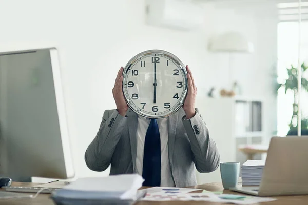 Hes Got Time His Mind Unidentifiable Businessman Holding Clock Front — Fotografia de Stock