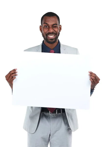 Διαδώσουμε Στιγμιότυπο Ενός Νεαρού Επιχειρηματία Που Κρατάει Μια Λευκή Πινακίδα — Φωτογραφία Αρχείου