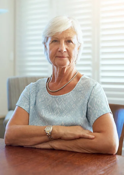 Confidence Comes Age Portrait Happy Senior Woman Sitting Table Home — Stock Fotó