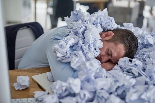 Pile Just Keeps Getting Bigger Young Businessman Surrounded Piles Paper — Foto Stock
