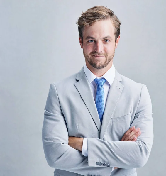Confidence Always Winner Studio Shot Businessman Grey Suit Posing Grey — Stok fotoğraf