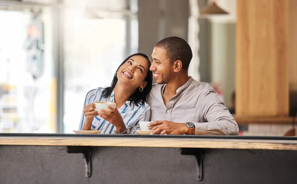 Couple Man Woman Coffee Shop Love Drinking Tea Romantic Happy — Stock Fotó