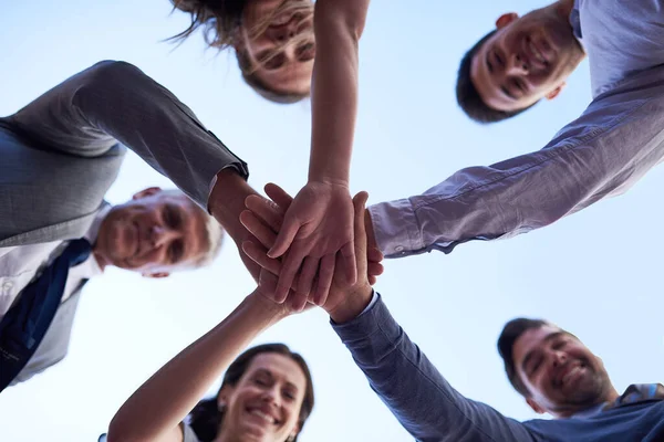 Well Make Happen Together Portrait Group Businesspeople Joining Hands Together — Stok fotoğraf