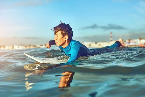 Paddling Confidence Young Boy Out Surfing — Stock Fotó