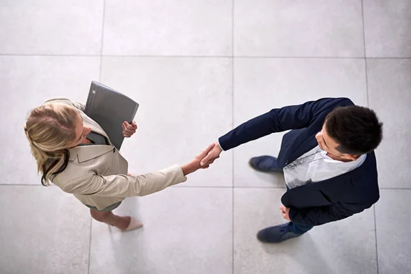 Well Great Things Together High Angle Shot Two Professional Businesspeople — Stockfoto