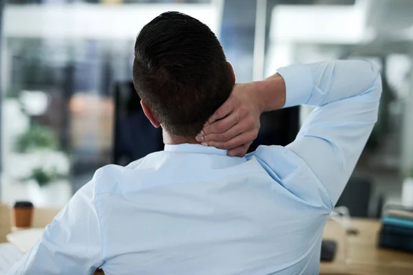 Really Hurts Rearview Shot Young Businessman Experiencing Neck Pain While — Stock Photo, Image