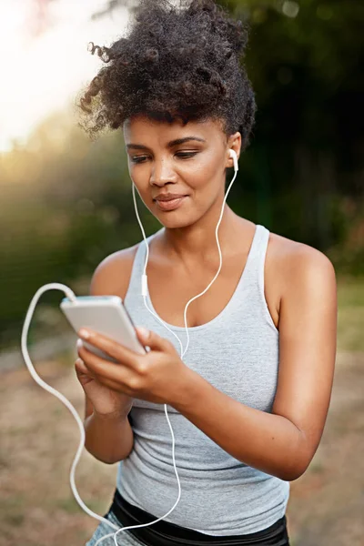 Music Magic Sauce Gets Young Woman Listening Music Her Phone — Fotografia de Stock