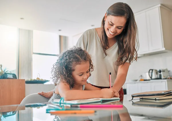 Family Doing Homework Notebook Mother Helping Child School Work Home — Stok fotoğraf