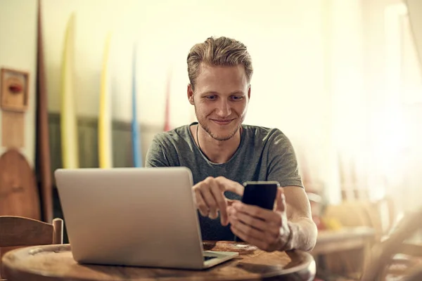 What You Today Happy Young Man Using His Laptop While — ストック写真