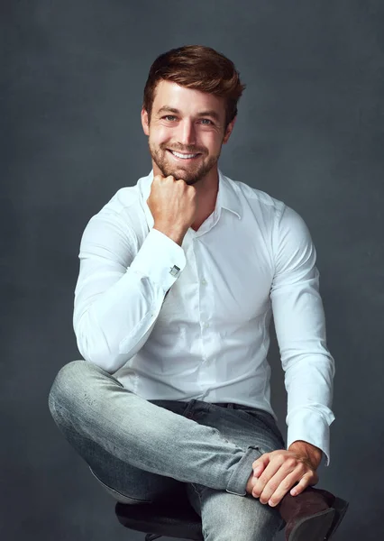 Great Style Awesome Smile Studio Portrait Handsome Young Man Posing — Stock Photo, Image