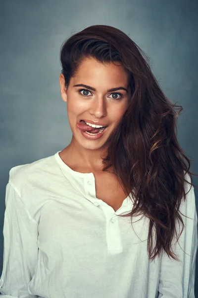 Let Your Hair Portrait Beautiful Young Woman Pulling Funny Face — Stock Photo, Image